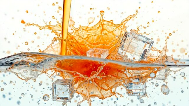 Iced orange drink splash Refreshing cascade of cubes juice and liquid collision
