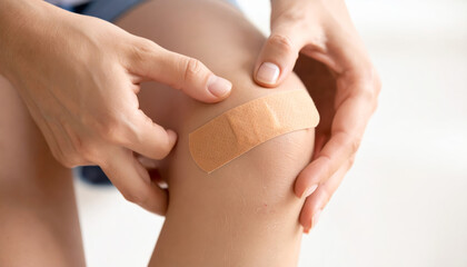 Person applying adhesive bandage to knee, close up of hand and leg, skin care, wound protection, injury recovery, health care concept