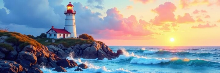 Vibrant watercolor wash, lighthouse, tempestuous sea, ocean, dramatic sky