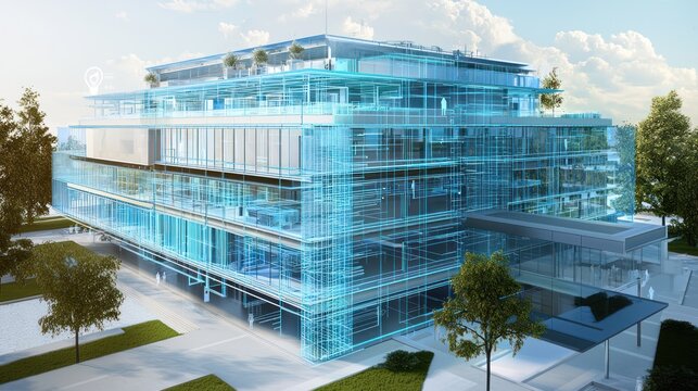 AI-powered facilities manager optimizing energy use, real-time infrastructure monitoring, immersive digital building operations