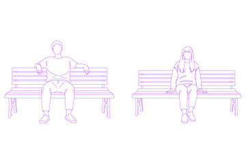 person sitting and leaning back on a bench pose lineart illustration