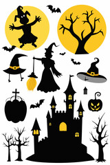 Whimsical Halloween Silhouettes Featuring Witches Bats Trees and a Spooky Castle on a White Background