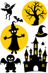 Halloween Silhouettes with Pumpkin Witch Tree Castle Bats and Spider on a White Background