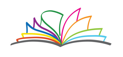 Cartoon colour, open book and pages. Education concept. Color, line drawing. Opened books sign. Book store logo. Flying pages. colouring book logo.