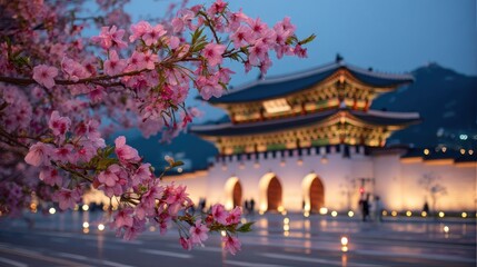 Cherry blossoms at Gyeongbokgung Palace in Seoul, spring bloom with lanterns and blurred palace