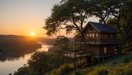 A wooden treehouse overlooking a serene river at dusk