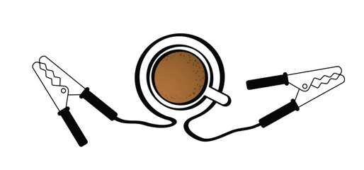 Cup of coffee time. Give yourself extra energy today. Jumper cable or jumper lead for car. Booster cable icon. Plus and minus poles. Battery jumper power cables. Jump start, charging battery sign.
