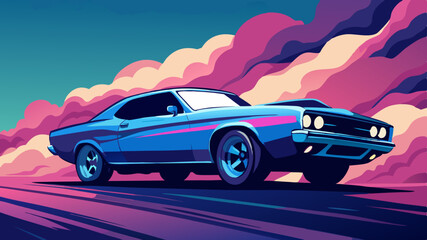 Retro Muscle Car Illustration with Pink and Blue Color Palette and Abstract Background