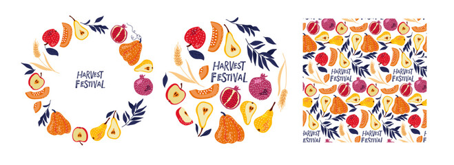 Harvest Festival backgrounds. Frames, seamless patterns With fruits and vegetables for advertising and packaging. Vector Summer or Autumn Fruity Repeated background for farm productions, sales, fairs.