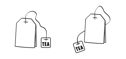 Teatime. Tea bag for tea cup or tea pot. Teabag, beverag, symbol. Herbal and healthy drink packaging label. Paper label on string. Bag of black dry tea sachet in pouch.