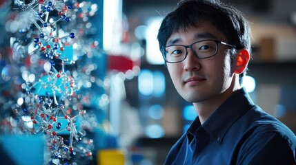 intelligent molecular biologist visualizing molecular structures, immersive genetic engineering lab, digital biological systems analysis