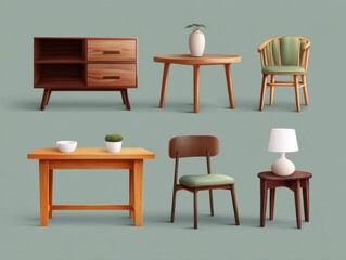 A collection of wooden furniture pieces including a dresser, table, chairs, and accessories like a vase and plant. Vintage design with contemporary appeal.