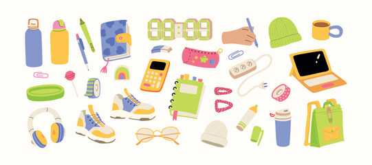 Back to school hand drawn vector illustration set for education, online learning, reading book, school and courses. International education day, teachers day concept art.