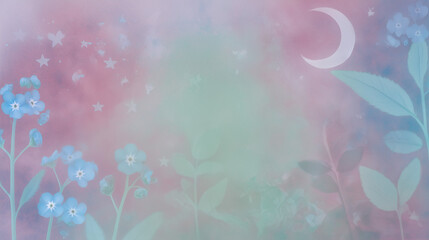 Dreamcore floral background with forget-me-not frame and haze