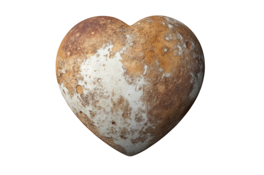 Heart-shaped moon with detailed crater surface in natural earth tones showing lunar surface texture and realistic appearance for space and celestial themes