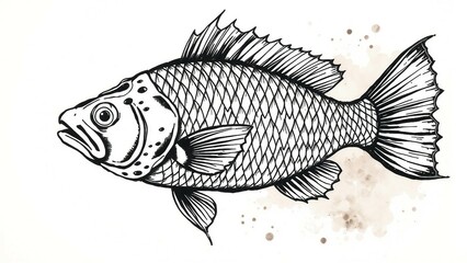 Fototapeta premium Ausdrucksstarke Tintenzeichnung eines Fisches mit feinen Details und Aquarellspritzern – künstlerisch, maritim und dekorativ.