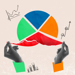 Hands holding pie chart segments while red slice tears apart, visualizing fragile financial...
