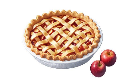 Freshly baked classic golden lattice pie with a decorative woven top crust in a white ceramic dish accompanied by two red s isolated on a white background