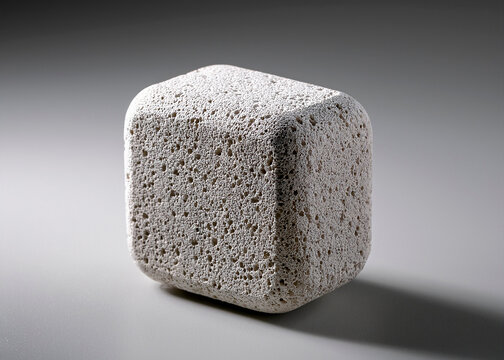 Pedra pome recortada em formato quadrado sobre superf&iacute;cie cinza com luz de est&uacute;dio.  Pedra porosa para raspar os p&eacute;s.