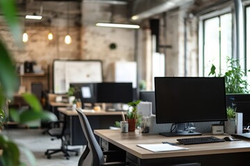 Naklejka premium Modern office workspace with computers and plants