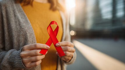 young person (teen or college-age) holding a red ribbon or awareness placard, outdoor setting