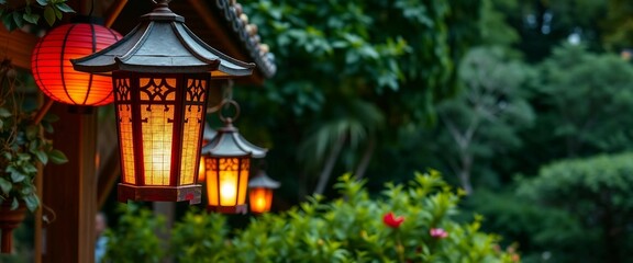 Fototapeta premium Warme Beleuchtung, Laternen im Garten – ruhig, meditativ und ideal für Deko- oder Reisethemen.