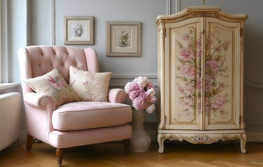 French provincial shabby chic, pink tufted armchair, ornate floral painted armoire, botanical artwork, peonies flowers vintage luxury home decor feminine romantic style.