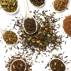 Fototapeta premium Vielfalt loser Teesorten (grün, schwarz, Kräuter, Rooibos) stilvoll angerichtet auf weißen Hintergrund – ideal für Food-Design.
