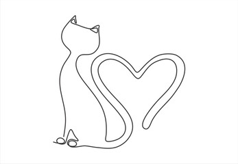Heart Tailed Cat Silhouette Logo Design. Outline Silhouette of a Sitting Cat With a Heart-Shaped Tail Logo Design.