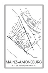 Hand drawn printable downtown road map poster of borough MAINZ-AMÖNEBURG of the German city of WIESBADEN on solid white background with city name