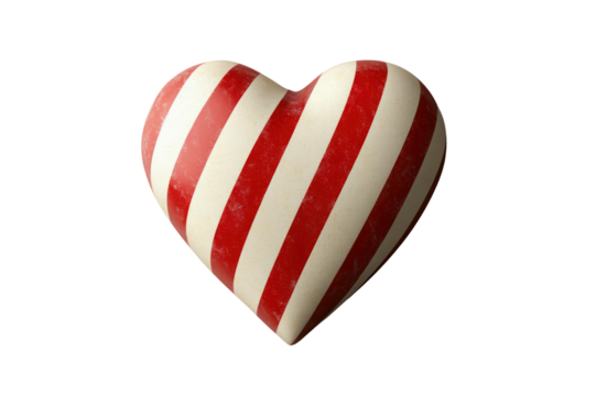 Heart-shaped object with red and white vertical stripes on a white background, symbolizing love, Valentine's Day, or romance, with a glossy smooth surface - Powered by Adobe