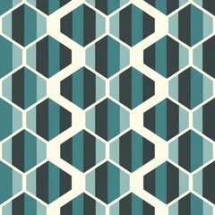 Seamless geometric pattern of teal and gray hexagons on a cream background.