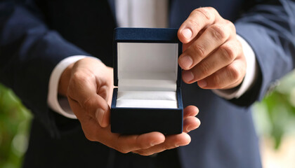 Man holding open velvet jewelry box with both hands, closeup, showing empty interior, suggesting proposal or special occasion, with blurred green background, evoking anticipation and excitement