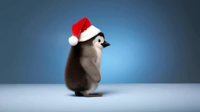 A cute penguin wearing a festive Santa hat stands against a soft blue background, bringing holiday cheer.