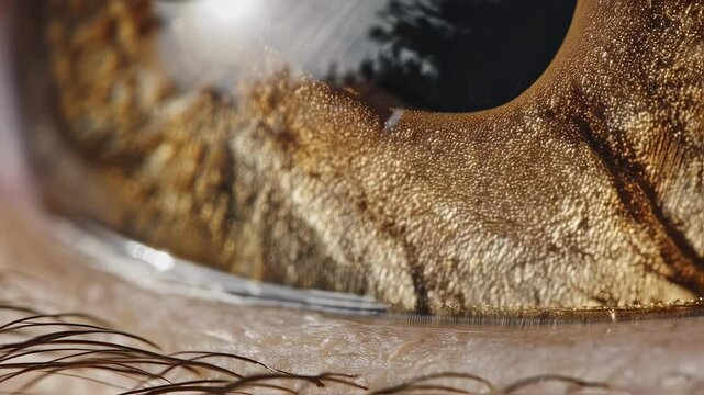 Close up view of a hazel eye iris, showcasing its intricate texture and color variations as the pupil constricts and dilates in response to changing light conditions