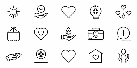 Thin line charity care icon set generous sympathetic design for nonprofit organizations