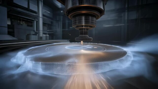 Advanced robotic sensors analyze a newly formed turbine disk, utilizing cutting edge technology for quality control and ensuring structural integrity during the manufacturing process
