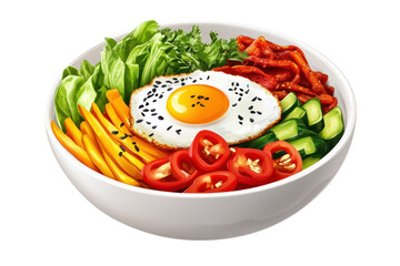 Fresh, colorful Korean bibimbap bowl with mixed vegetables, sunny side up egg, sliced cucumbers, cherry tomatoes, and spicy red pepper strips