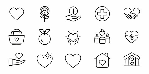 Care icon set thin line charity symbols representing generosity and sympathy
