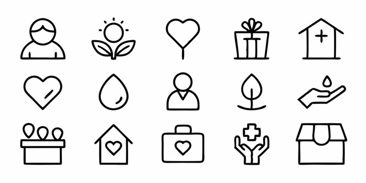 Thin line charity care icon set generous sympathetic design for nonprofit organizations and websites