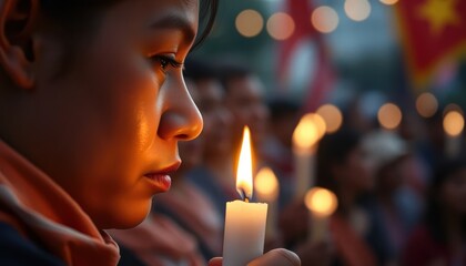 Reflective Remembrance: Woman with candle at a vigil in solemn atmosphere