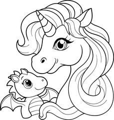Cute Coloring Page of a Unicorn and Dragong