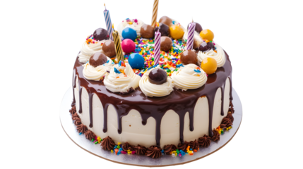 Chocolate Drip Birthday Cake with Colorful Candies and Swirl Frosting isolated on a white background