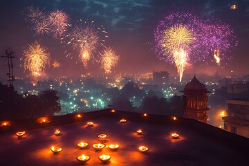 Festive celebration with bright fireworks over an indian city at night during the diwali holiday season.