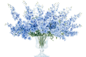 Elegant large bouquet of pale blue delphinium flowers arranged in a clear glass vase on a white background, perfect for wedding or sp floral decoration