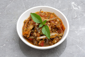 Traditional indonesian food sambal teri chilli sauce with anchovy fish