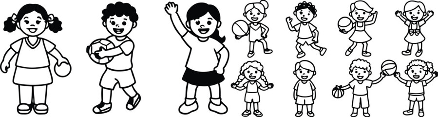 Set of Children Outline Illustrations – Black and White Line Art of Kids in Various Poses and Activities

