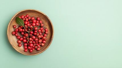 A wood platter with minimal Chinese prickly ash and stem twigs over a pale green setting arrangement lovely green hue space, Generative AI.