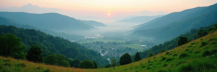 Misty hillside, village below, soft morning light, nature, beauty