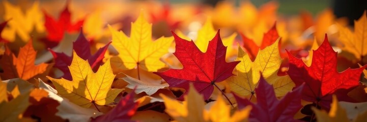 Pile of colorful autumn leaves, close-up detail, sunlit, photography, october